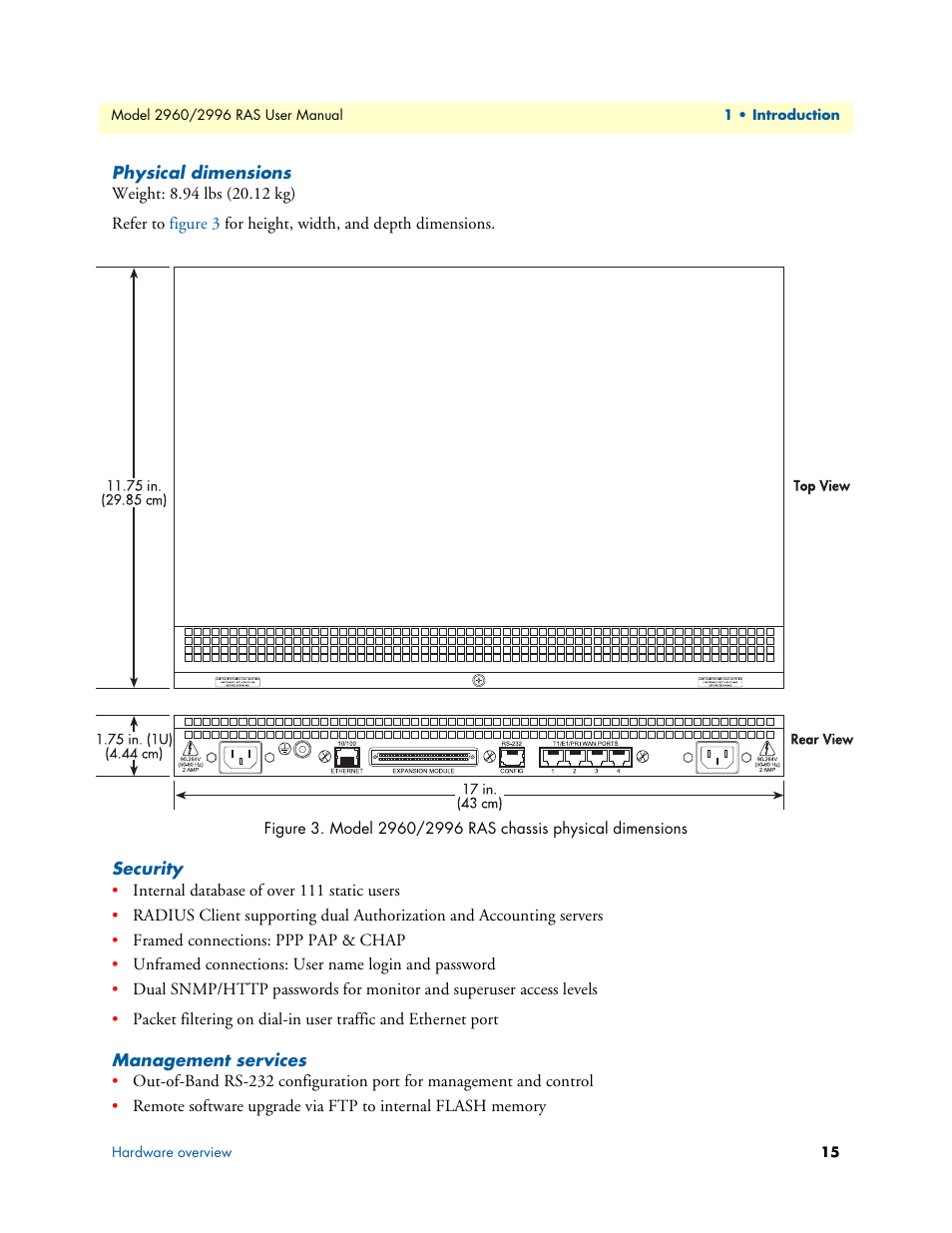 Physical dimensions, Security, Management services | Patton electronic 2996 User Manual | Page 15 / 65