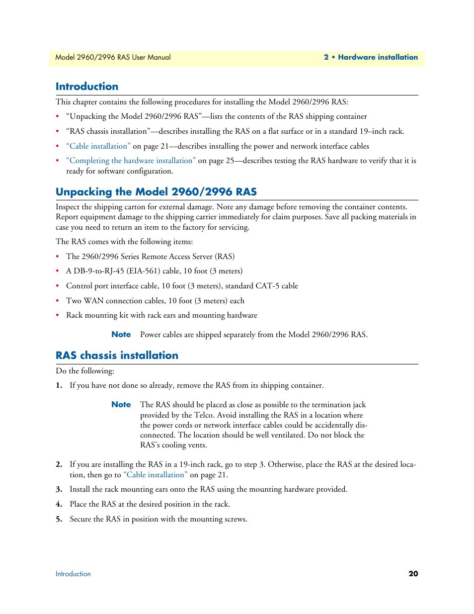 Introduction, Unpacking the model 2960/2996 ras, Ras chassis installation | Patton electronic 2996 User Manual | Page 20 / 65