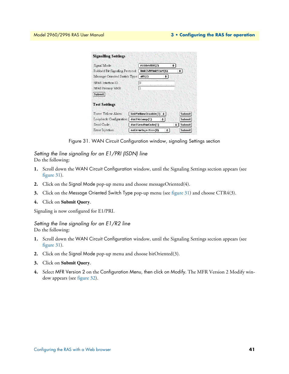 Setting the line signaling for an e1/r2 line, To “setting the line signaling for an e1/r2 line | Patton electronic 2996 User Manual | Page 41 / 65