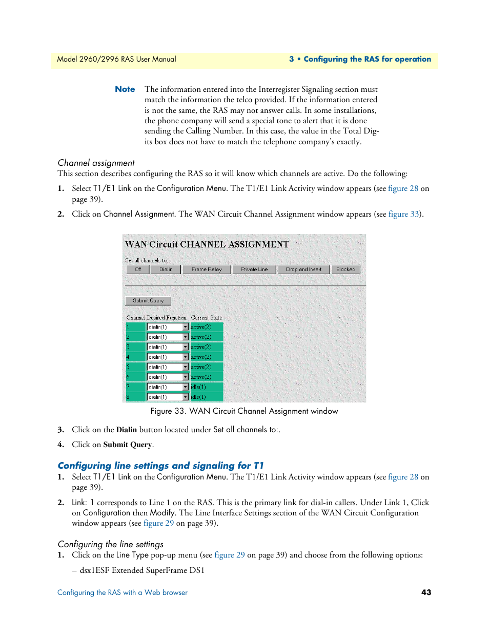 Channel assignment, Configuring line settings and signaling for t1, Configuring the line settings | Patton electronic 2996 User Manual | Page 43 / 65