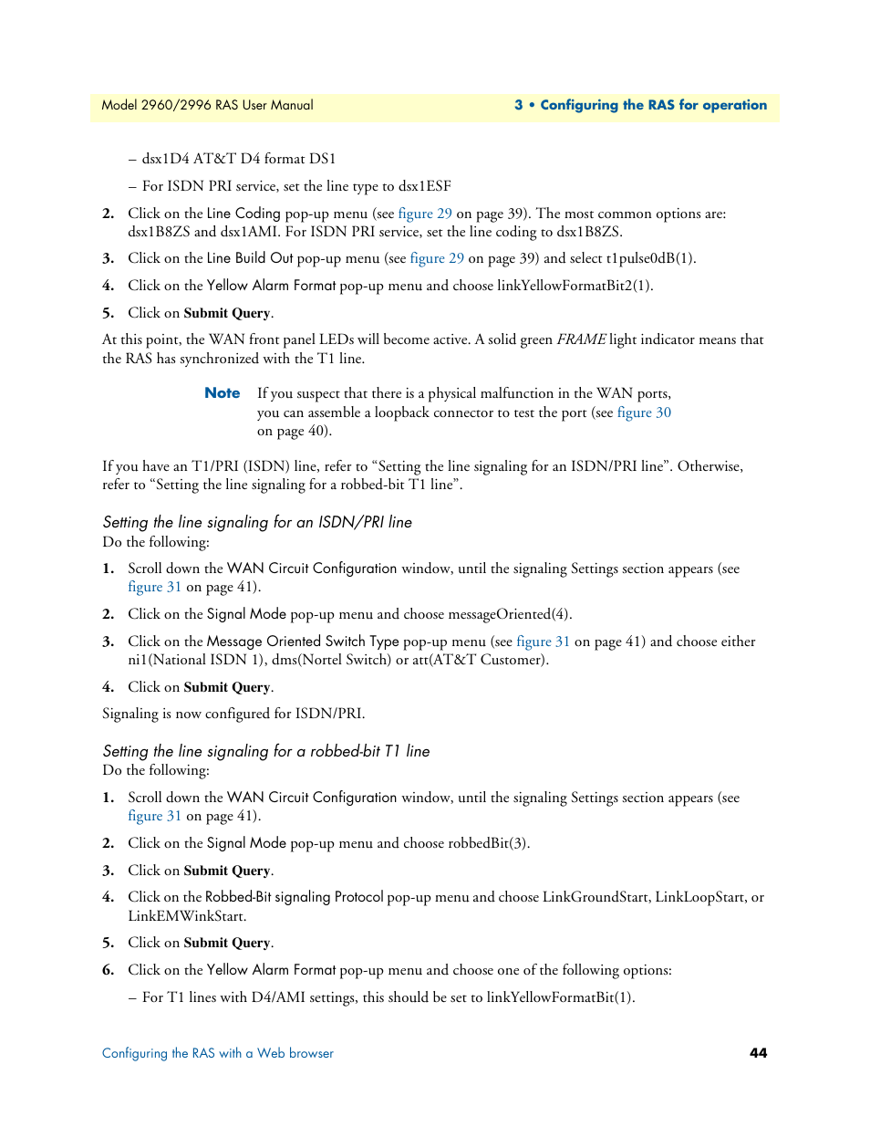 Setting the line signaling for an isdn/pri line | Patton electronic 2996 User Manual | Page 44 / 65