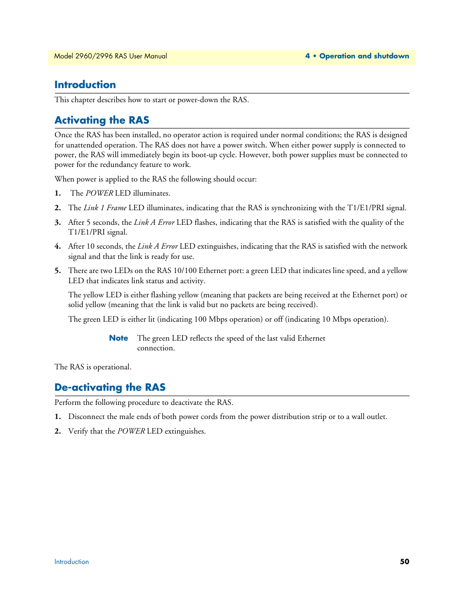 Introduction, Activating the ras, De-activating the ras | Patton electronic 2996 User Manual | Page 50 / 65