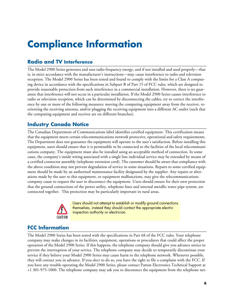 Compliance information, Radio and tv interference, Industry canada notice | Fcc information | Patton electronic 2996 User Manual | Page 6 / 65