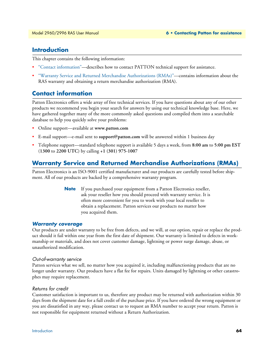 Introduction, Contact information, Warranty coverage | Out-of-warranty service, Returns for credit | Patton electronic 2996 User Manual | Page 64 / 65