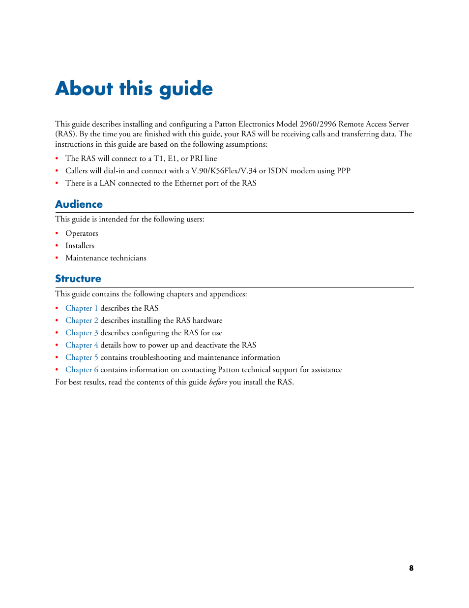 About this guide, Audience, Structure | Patton electronic 2996 User Manual | Page 8 / 65