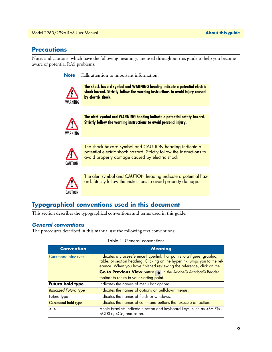 Precautions, Typographical conventions used in this document, General conventions | Patton electronic 2996 User Manual | Page 9 / 65