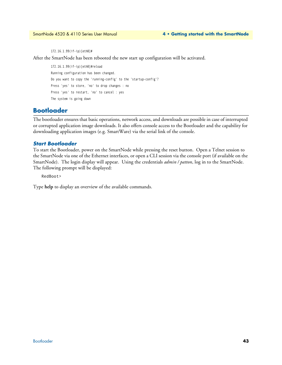 Bootloader, Start bootloader | Patton electronic SMARTNODE 4110 User Manual | Page 43 / 78