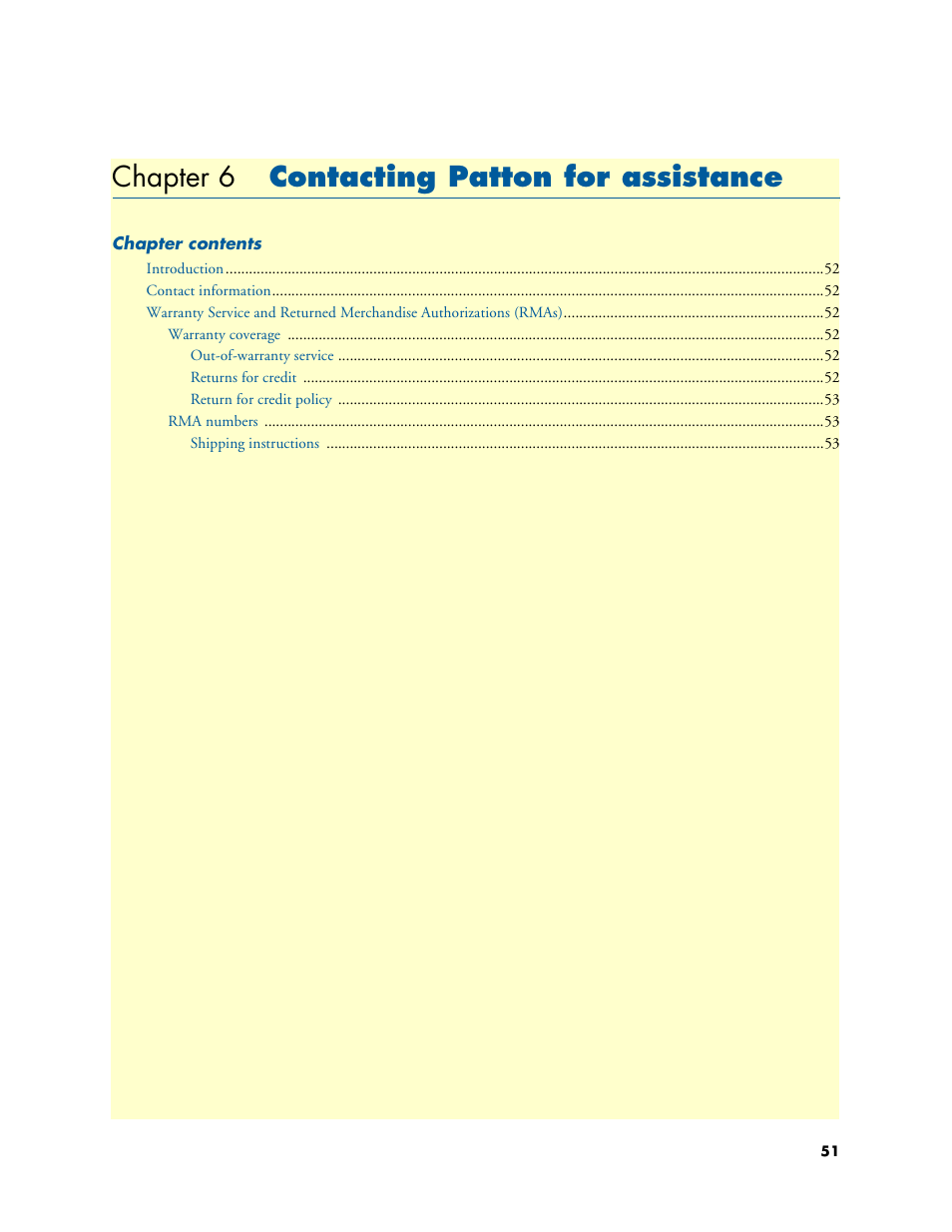Chapter 6 contacting patton for assistance, Contacting patton for assistance, Chapter 6 | Patton electronic SMARTNODE 4110 User Manual | Page 51 / 78