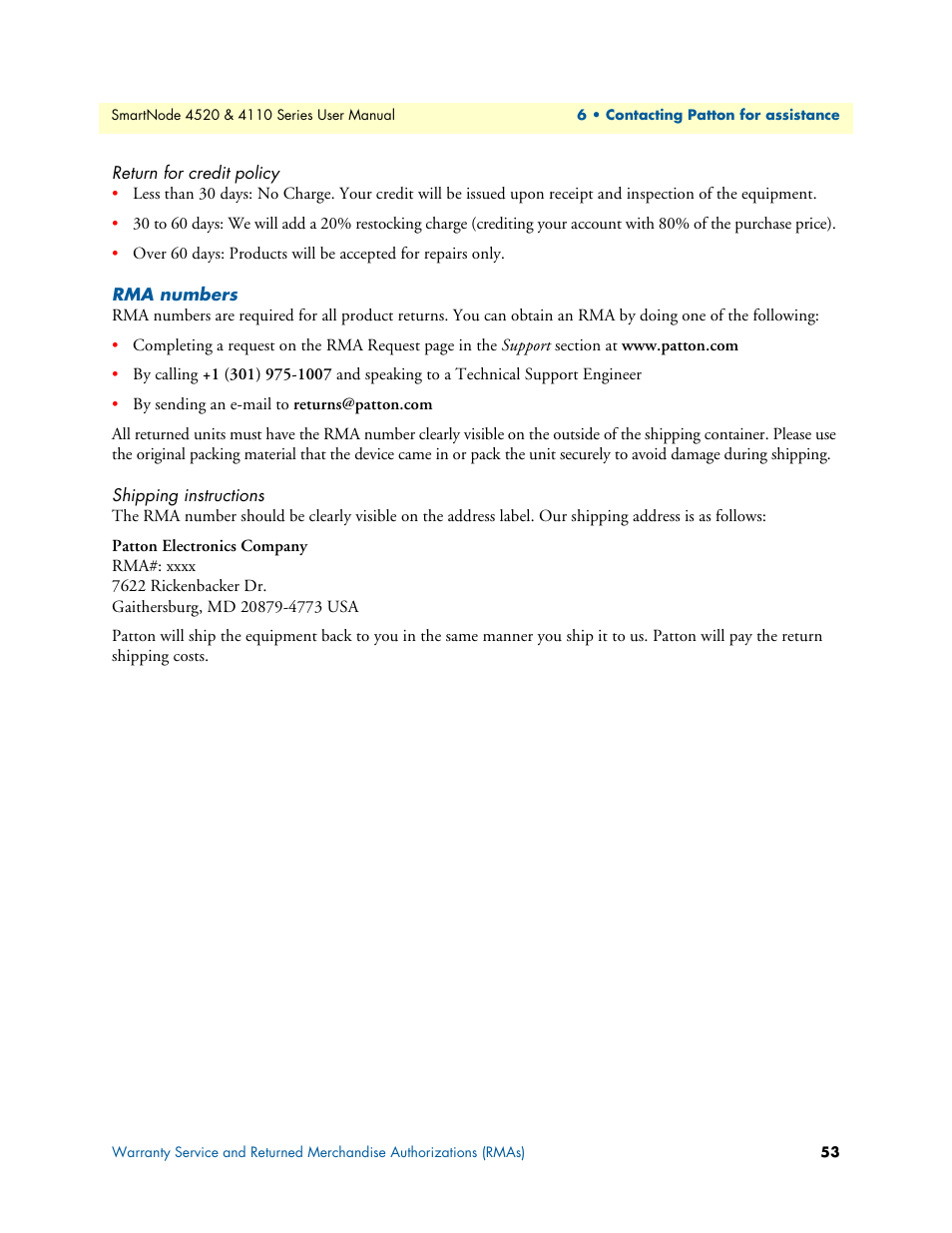 Return for credit policy, Rma numbers, Shipping instructions | Patton electronic SMARTNODE 4110 User Manual | Page 53 / 78