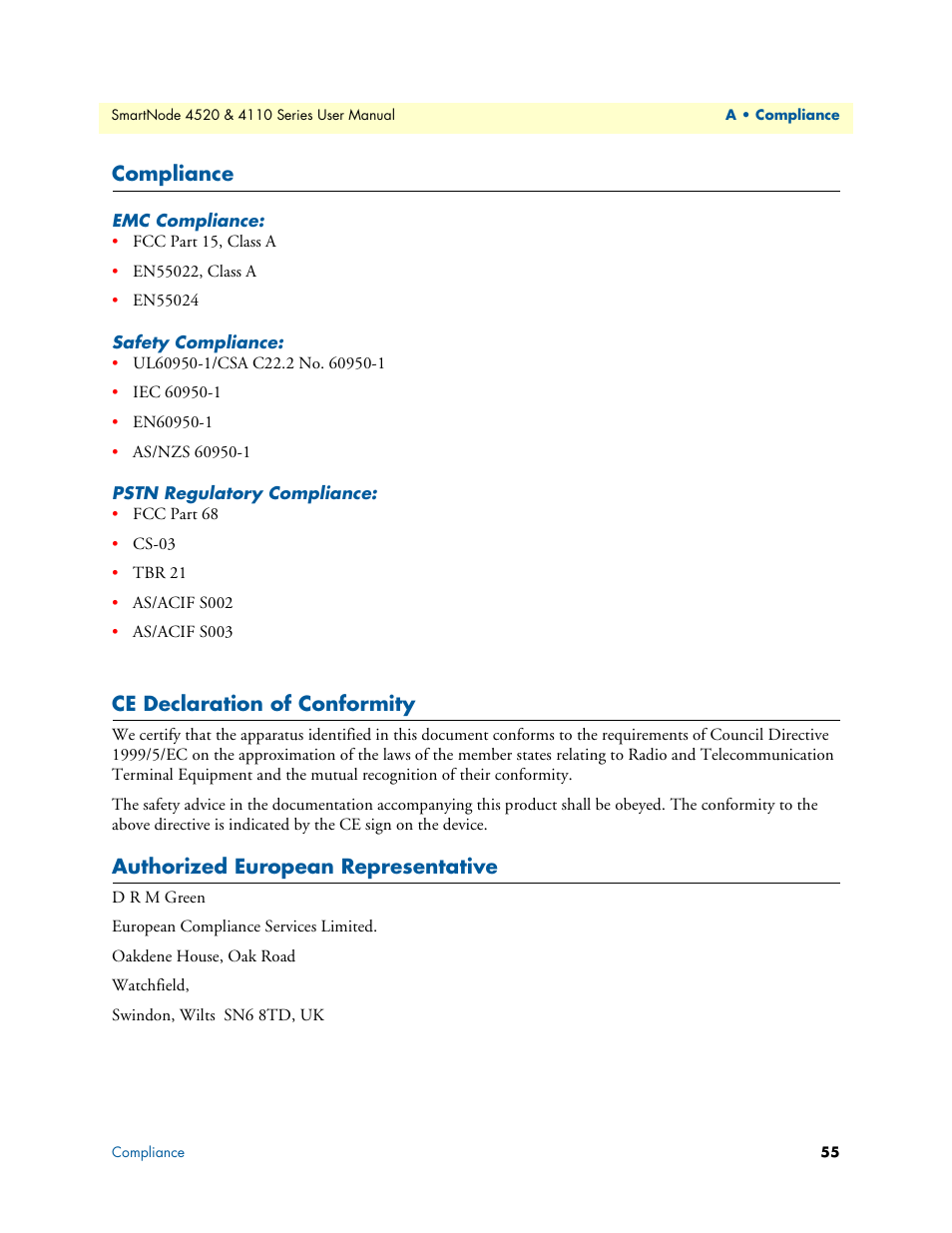 Compliance, Emc compliance, Safety compliance | Pstn regulatory compliance, Ce declaration of conformity, Authorized european representative | Patton electronic SMARTNODE 4110 User Manual | Page 55 / 78