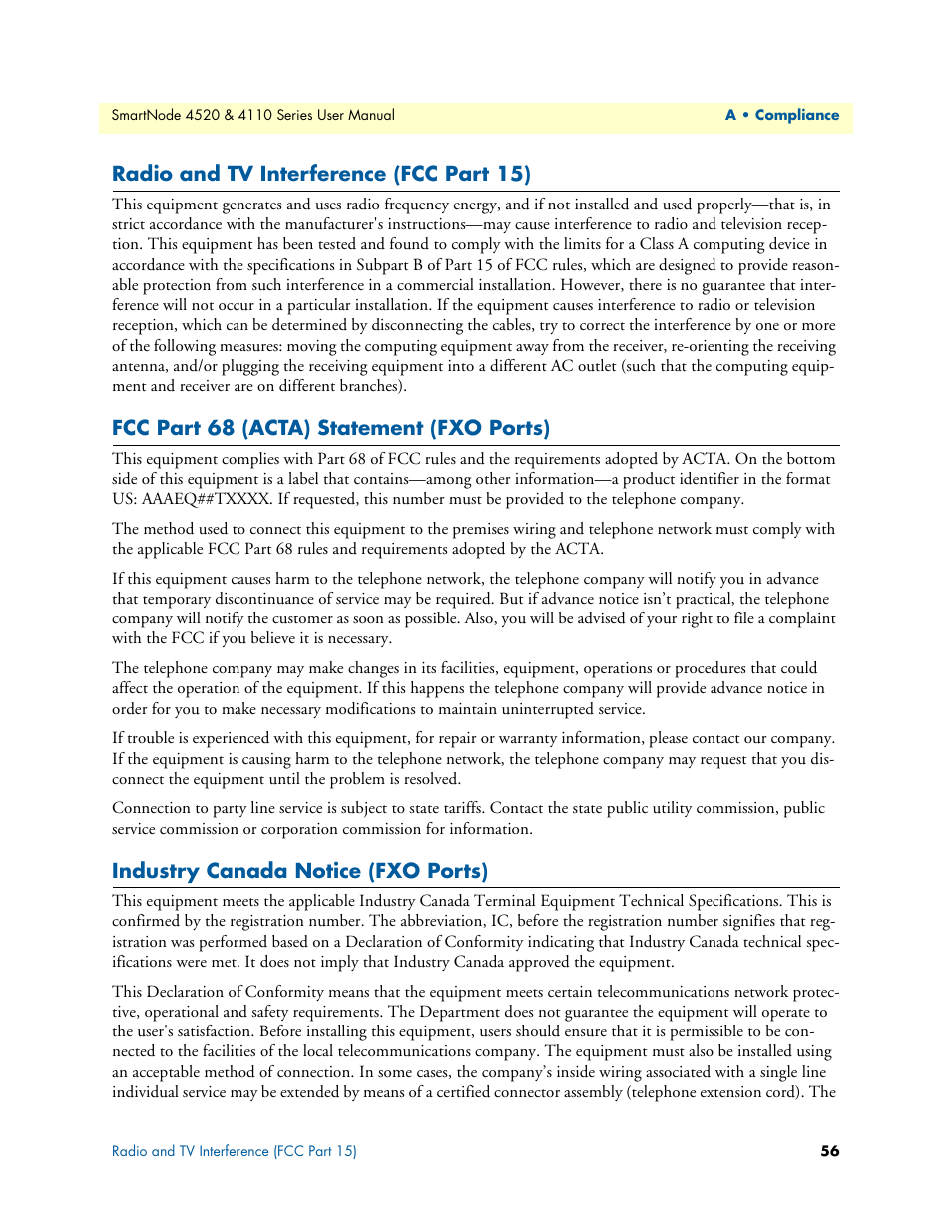 Radio and tv interference (fcc part 15), Fcc part 68 (acta) statement (fxo ports), Industry canada notice (fxo ports) | Patton electronic SMARTNODE 4110 User Manual | Page 56 / 78