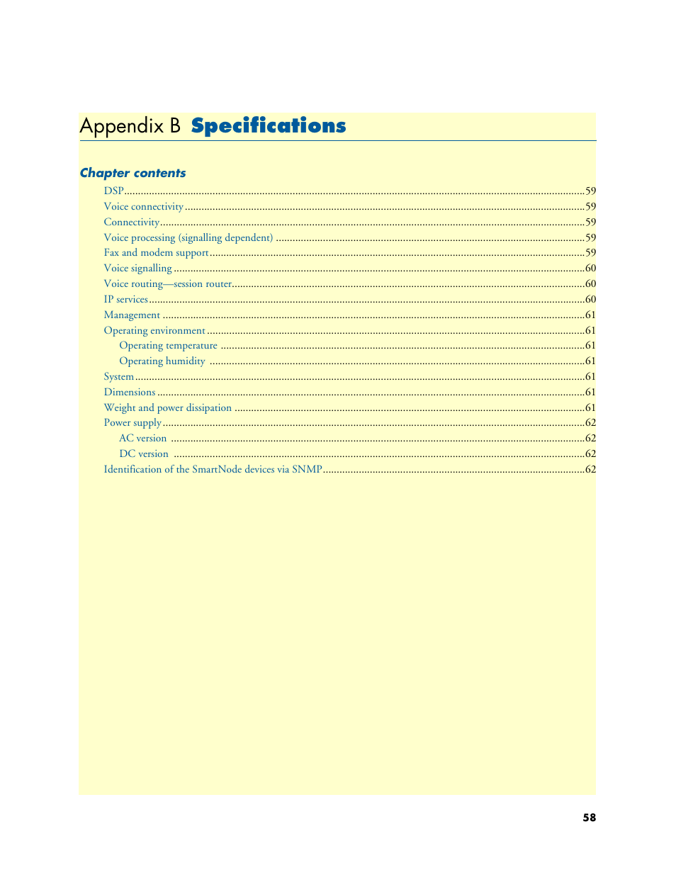 Appendix b specifications, Specifications, Appendix b | Patton electronic SMARTNODE 4110 User Manual | Page 58 / 78