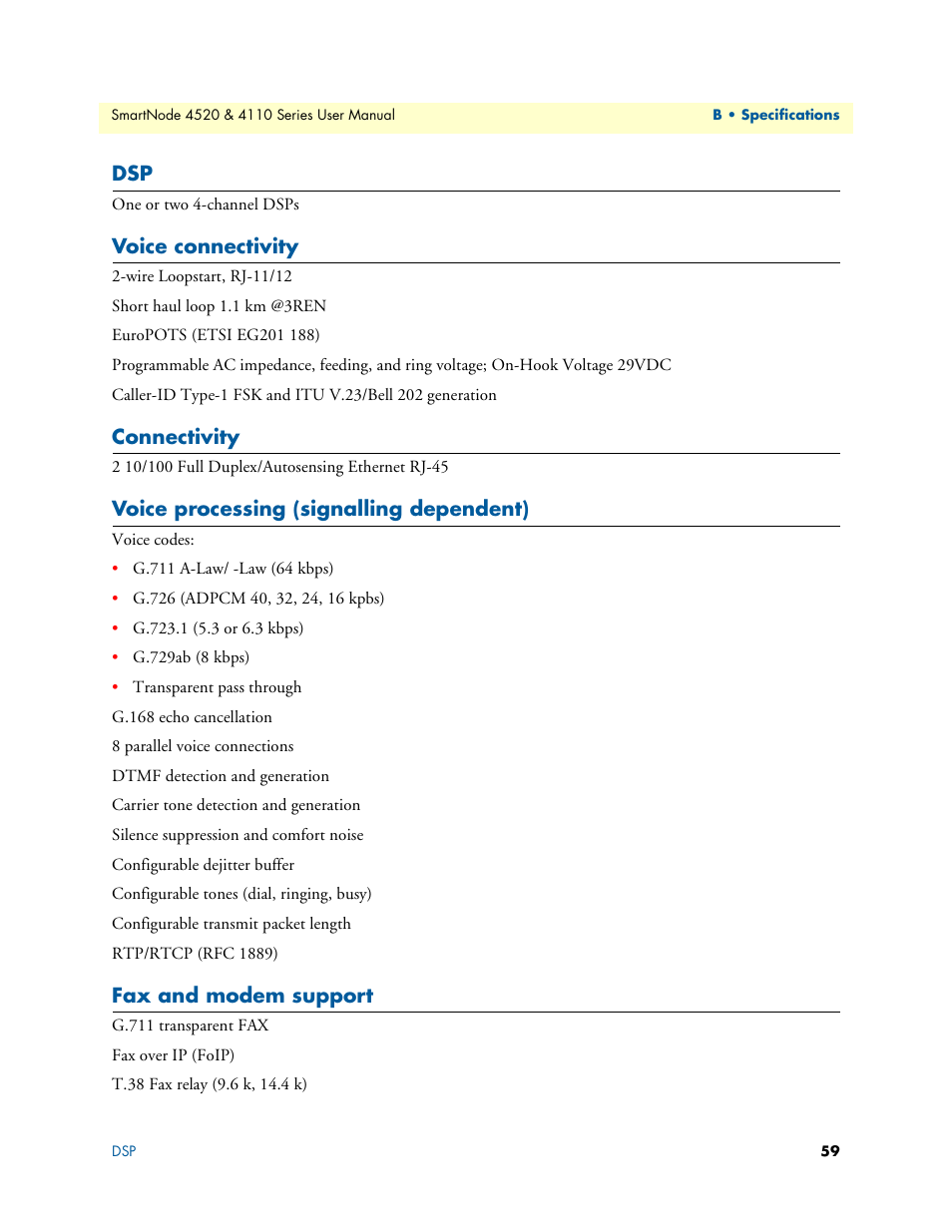 Voice connectivity, Connectivity, Voice processing (signalling dependent) | Fax and modem support | Patton electronic SMARTNODE 4110 User Manual | Page 59 / 78