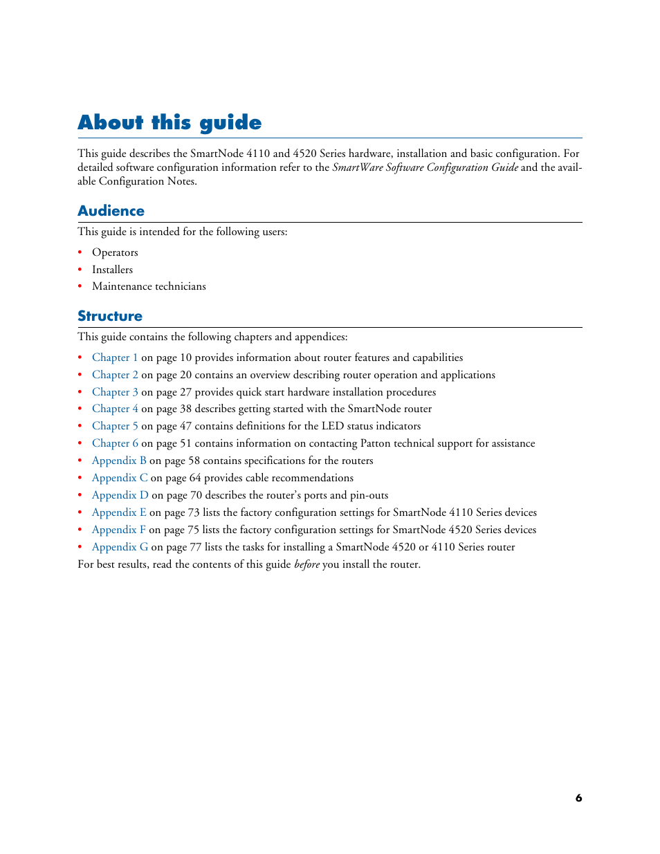 About this guide, Audience, Structure | Patton electronic SMARTNODE 4110 User Manual | Page 6 / 78