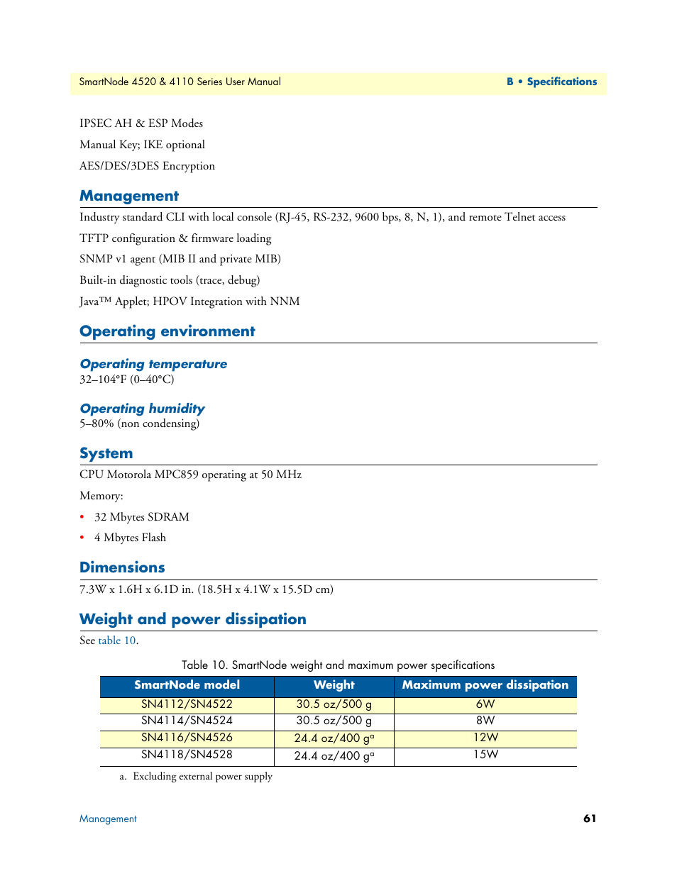 Management, Operating environment, Operating temperature | Operating humidity, System, Dimensions, Weight and power dissipation | Patton electronic SMARTNODE 4110 User Manual | Page 61 / 78