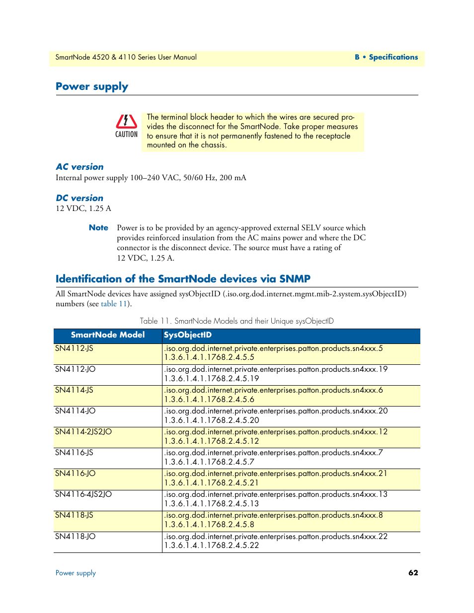 Power supply, Ac version, Dc version | Identification of the smartnode devices via snmp | Patton electronic SMARTNODE 4110 User Manual | Page 62 / 78