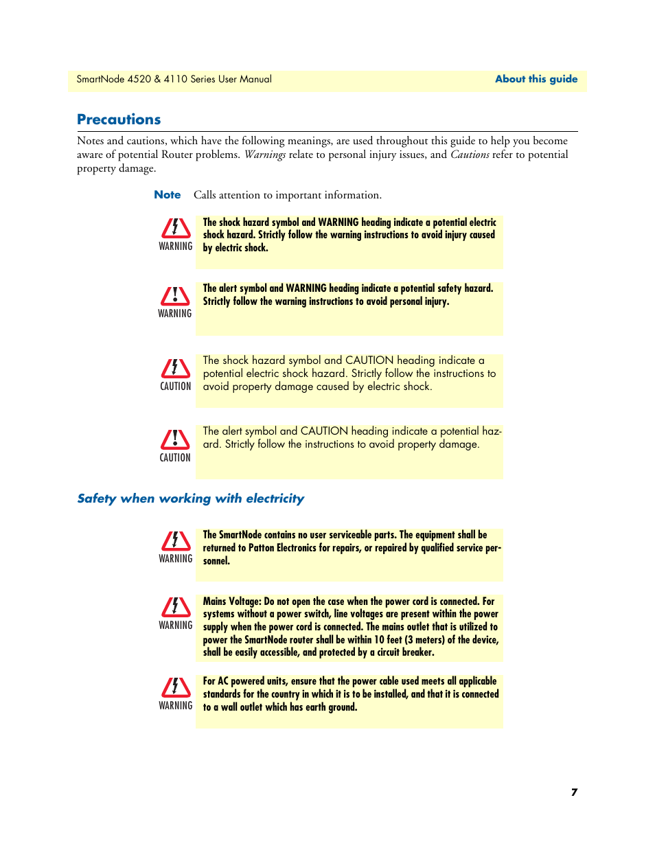 Precautions, Safety when working with electricity | Patton electronic SMARTNODE 4110 User Manual | Page 7 / 78