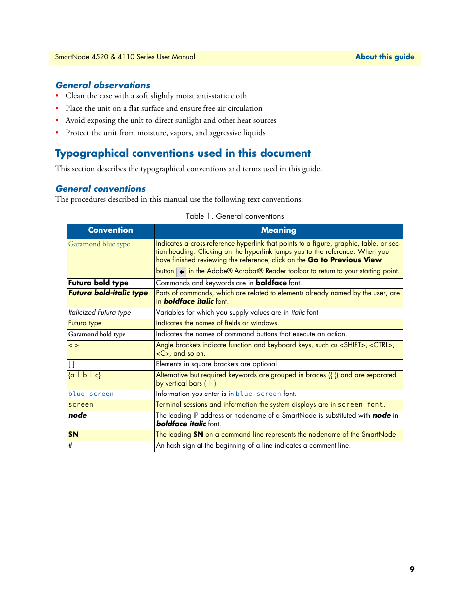 General observations, Typographical conventions used in this document, General conventions | Patton electronic SMARTNODE 4110 User Manual | Page 9 / 78