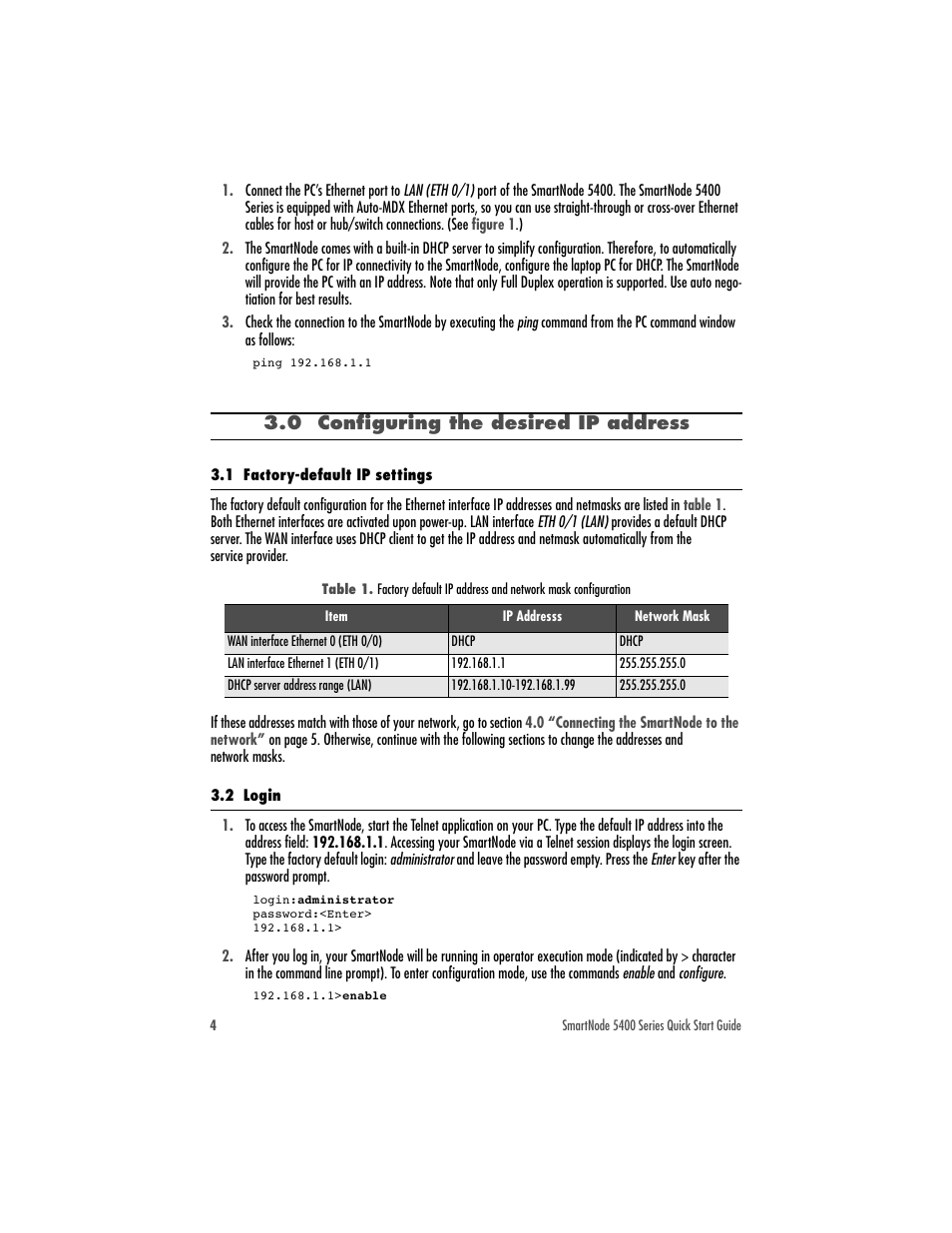 0 configuring the desired ip address, 1 factory-default ip settings, 2 login | Patton electronic SMARTNODE 5400 User Manual | Page 4 / 8