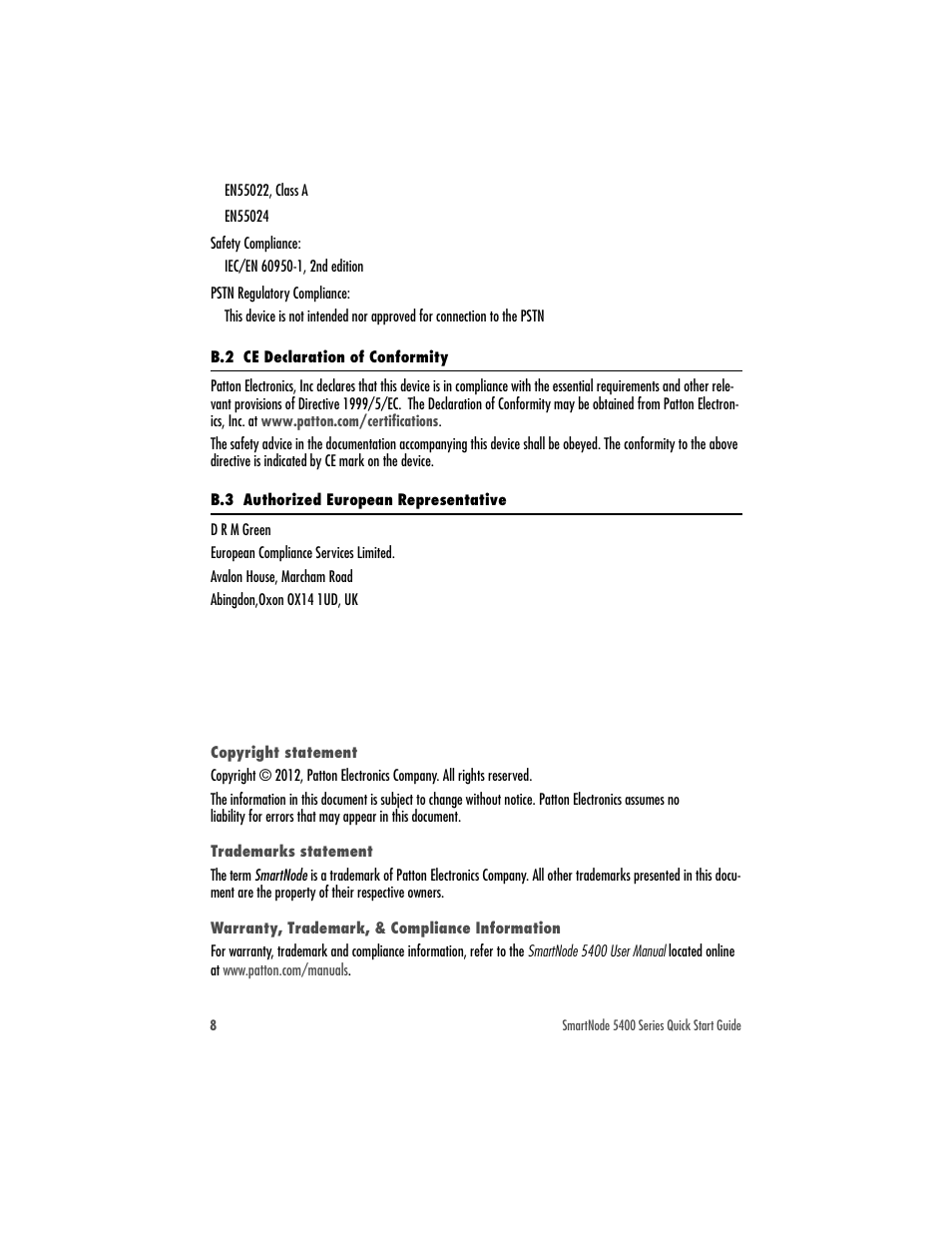 Copyright statement, Trademarks statement, Warranty, trademark, & compliance information | Patton electronic SMARTNODE 5400 User Manual | Page 8 / 8