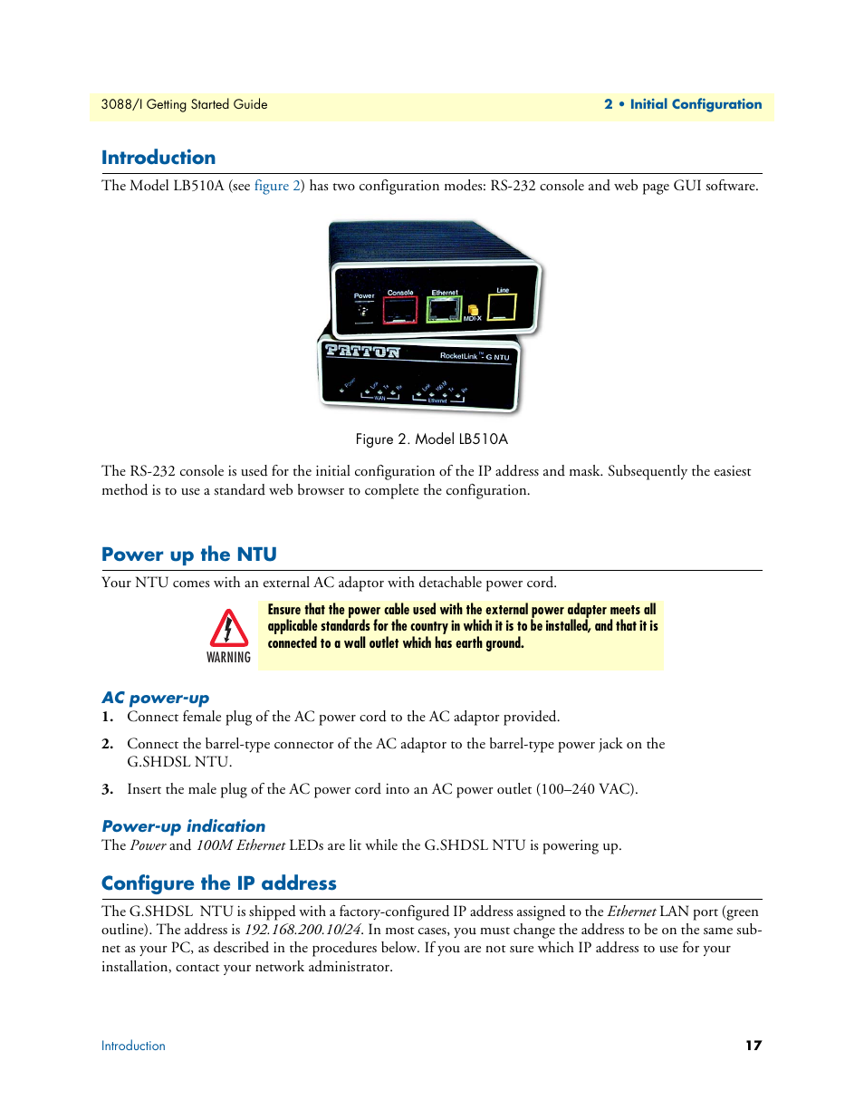 Introduction, Power up the ntu, Ac power-up | Power-up indication, Configure the ip address, Model lb510a | Patton electronic Model 3088/I User Manual | Page 17 / 61