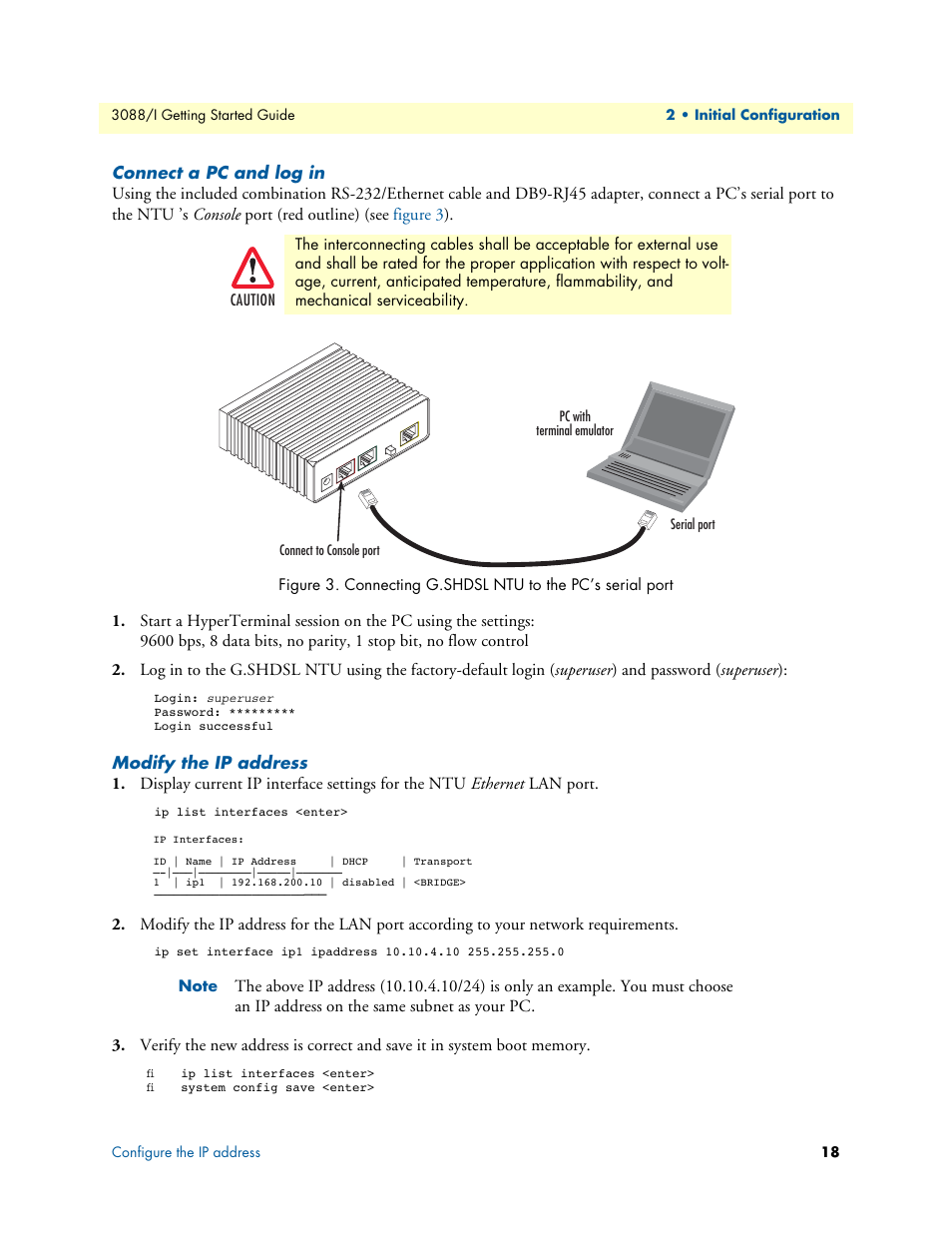 Connect a pc and log in, Modify the ip address, Connecting g.shdsl ntu to the pc’s serial port | Patton electronic Model 3088/I User Manual | Page 18 / 61