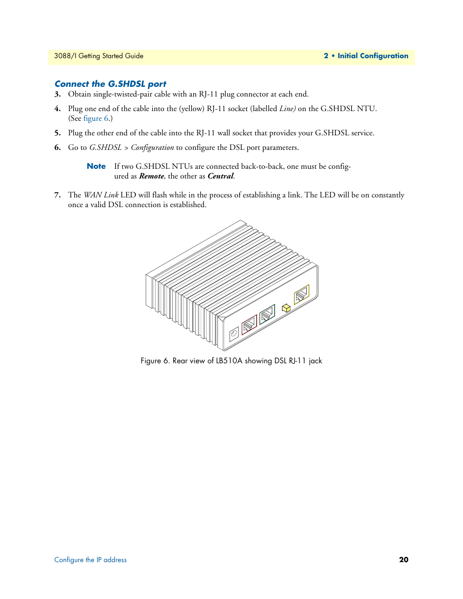 Connect the g.shdsl port, Rear view of lb510a showing dsl rj-11 jack | Patton electronic Model 3088/I User Manual | Page 20 / 61