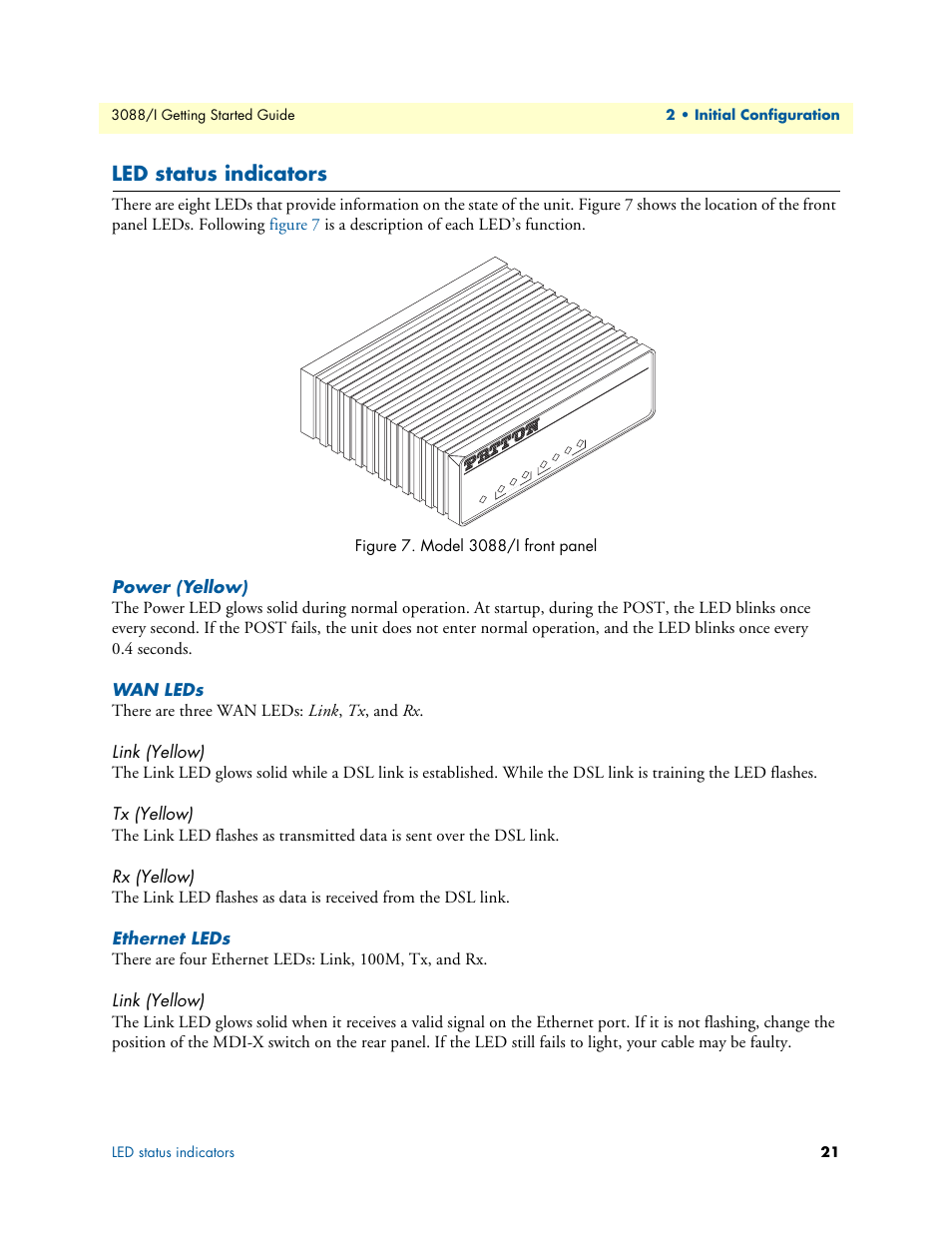 Led status indicators, Power (yellow), Wan leds | Link (yellow), Tx (yellow), Rx (yellow), Ethernet leds, Model 3088/i front panel | Patton electronic Model 3088/I User Manual | Page 21 / 61