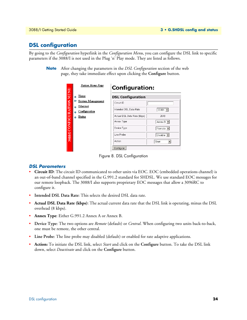 Dsl configuration, Dsl parameters | Patton electronic Model 3088/I User Manual | Page 24 / 61