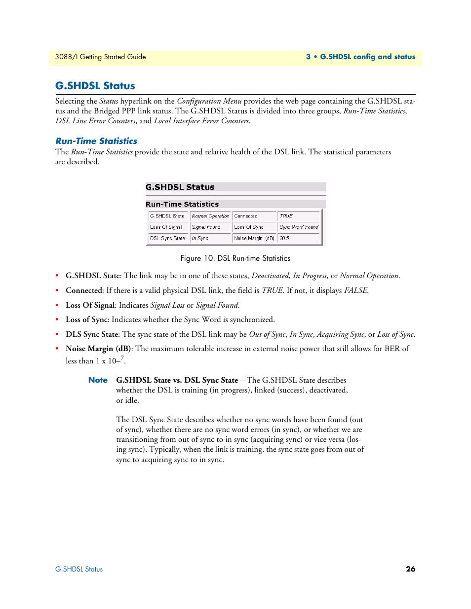G.shdsl status, Run-time statistics, Dsl run-time statistics | Patton electronic Model 3088/I User Manual | Page 26 / 61