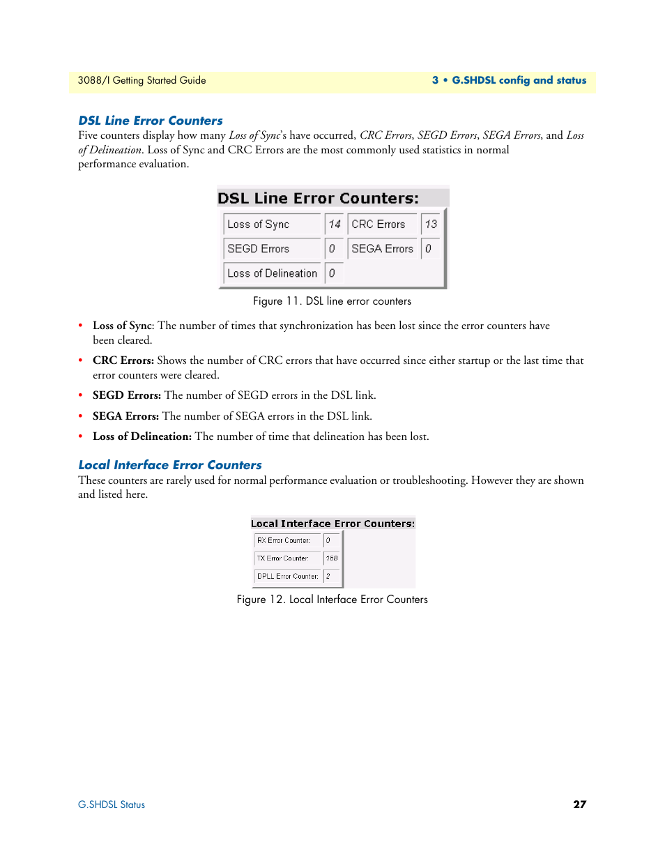 Dsl line error counters, Local interface error counters | Patton electronic Model 3088/I User Manual | Page 27 / 61