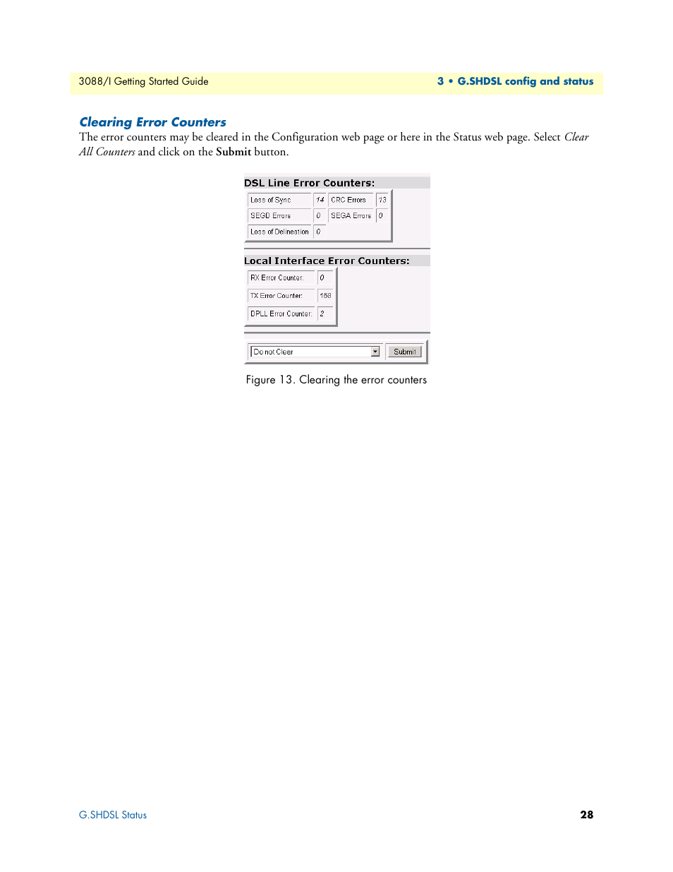 Clearing error counters, Clearing the error counters | Patton electronic Model 3088/I User Manual | Page 28 / 61