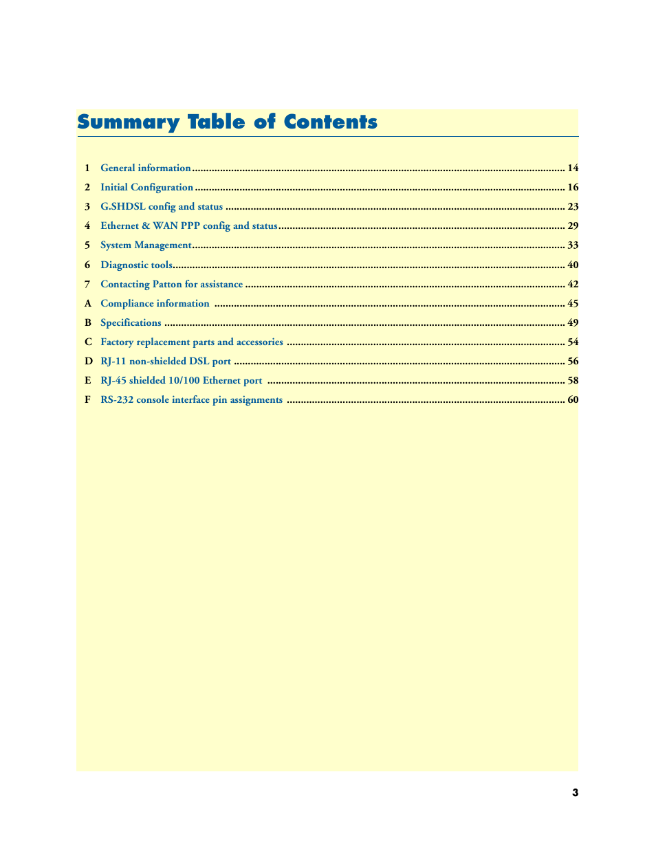 Summary table of contents, Summar y table of contents | Patton electronic Model 3088/I User Manual | Page 3 / 61