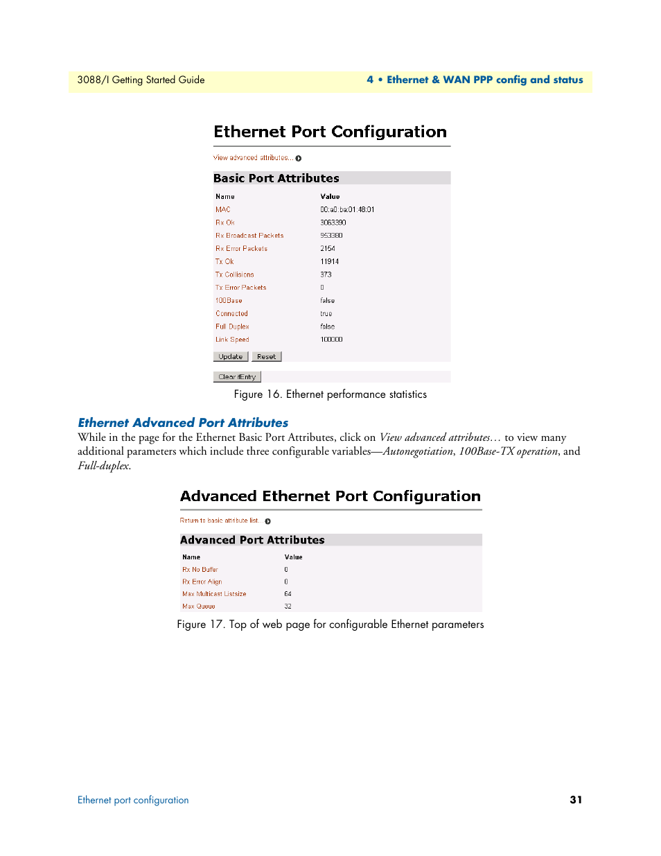 Ethernet advanced port attributes, Ethernet performance statistics | Patton electronic Model 3088/I User Manual | Page 31 / 61