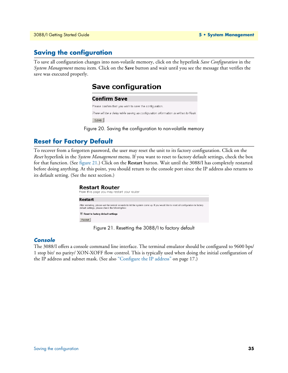 Saving the configuration, Reset for factory default, Console | Saving the configuration to non-volatile memory, Resetting the 3088/i to factory default | Patton electronic Model 3088/I User Manual | Page 35 / 61
