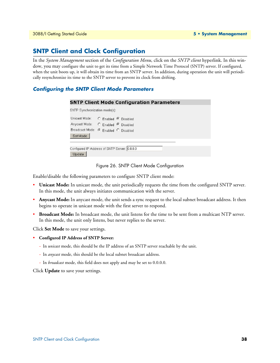 Sntp client and clock configuration, Configuring the sntp client mode parameters, Sntp client mode configuration | Patton electronic Model 3088/I User Manual | Page 38 / 61