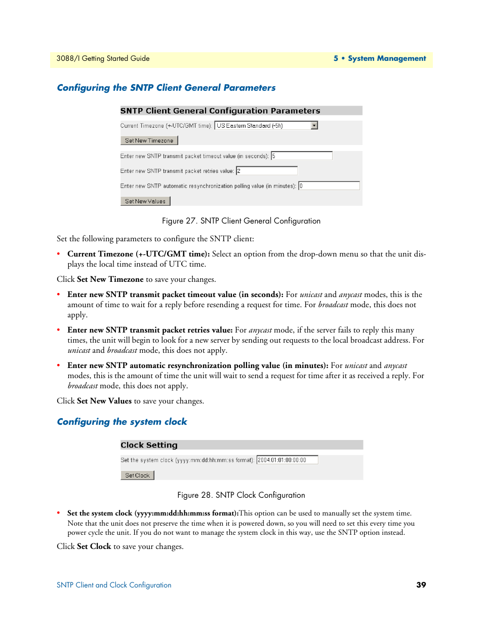 Configuring the sntp client general parameters, Configuring the system clock, Sntp client general configuration | Sntp clock configuration | Patton electronic Model 3088/I User Manual | Page 39 / 61