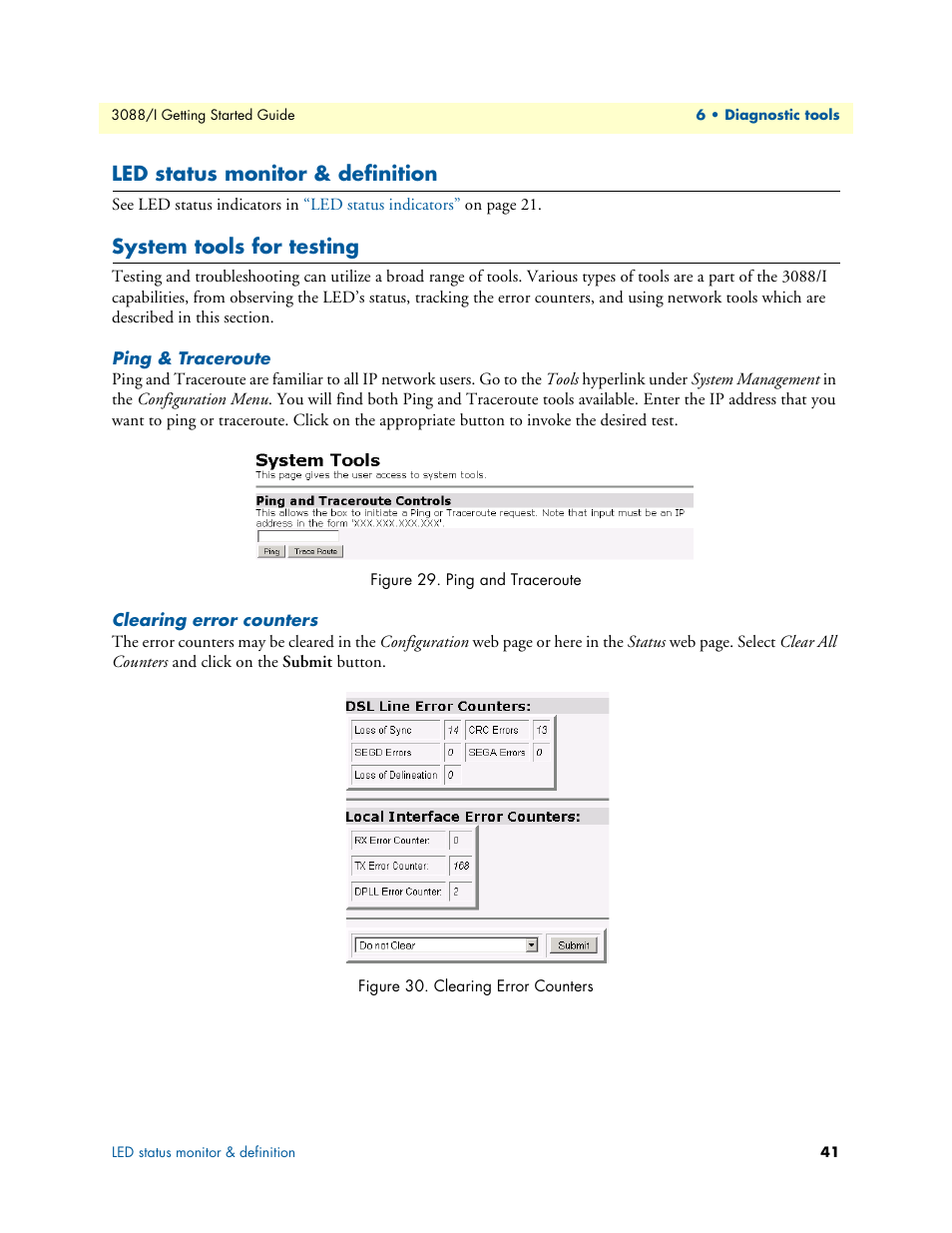 Led status monitor & definition, System tools for testing, Ping & traceroute | Clearing error counters, Ping and traceroute | Patton electronic Model 3088/I User Manual | Page 41 / 61