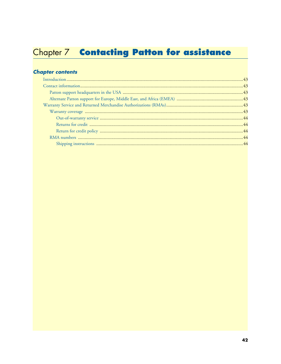 Chapter 7 contacting patton for assistance, Contacting patton for assistance, Chapter 7 | Patton electronic Model 3088/I User Manual | Page 42 / 61