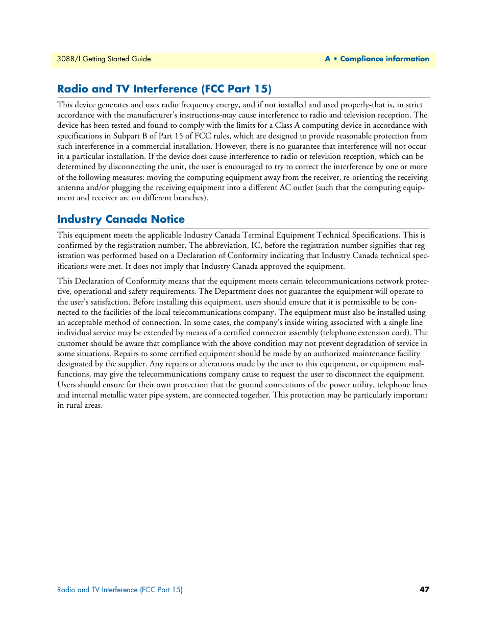 Radio and tv interference (fcc part 15), Industry canada notice | Patton electronic Model 3088/I User Manual | Page 47 / 61