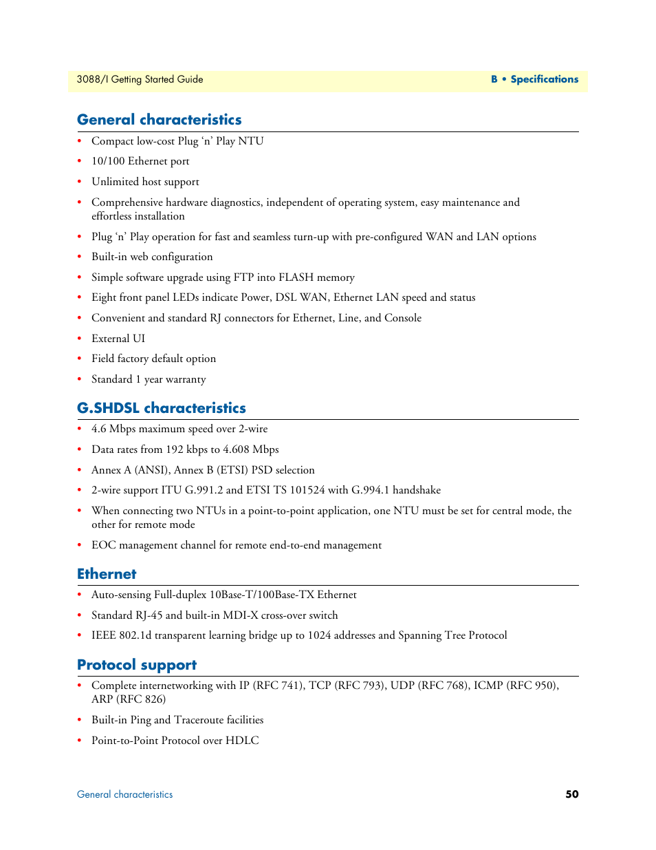 General characteristics, G.shdsl characteristics, Ethernet | Protocol support | Patton electronic Model 3088/I User Manual | Page 50 / 61