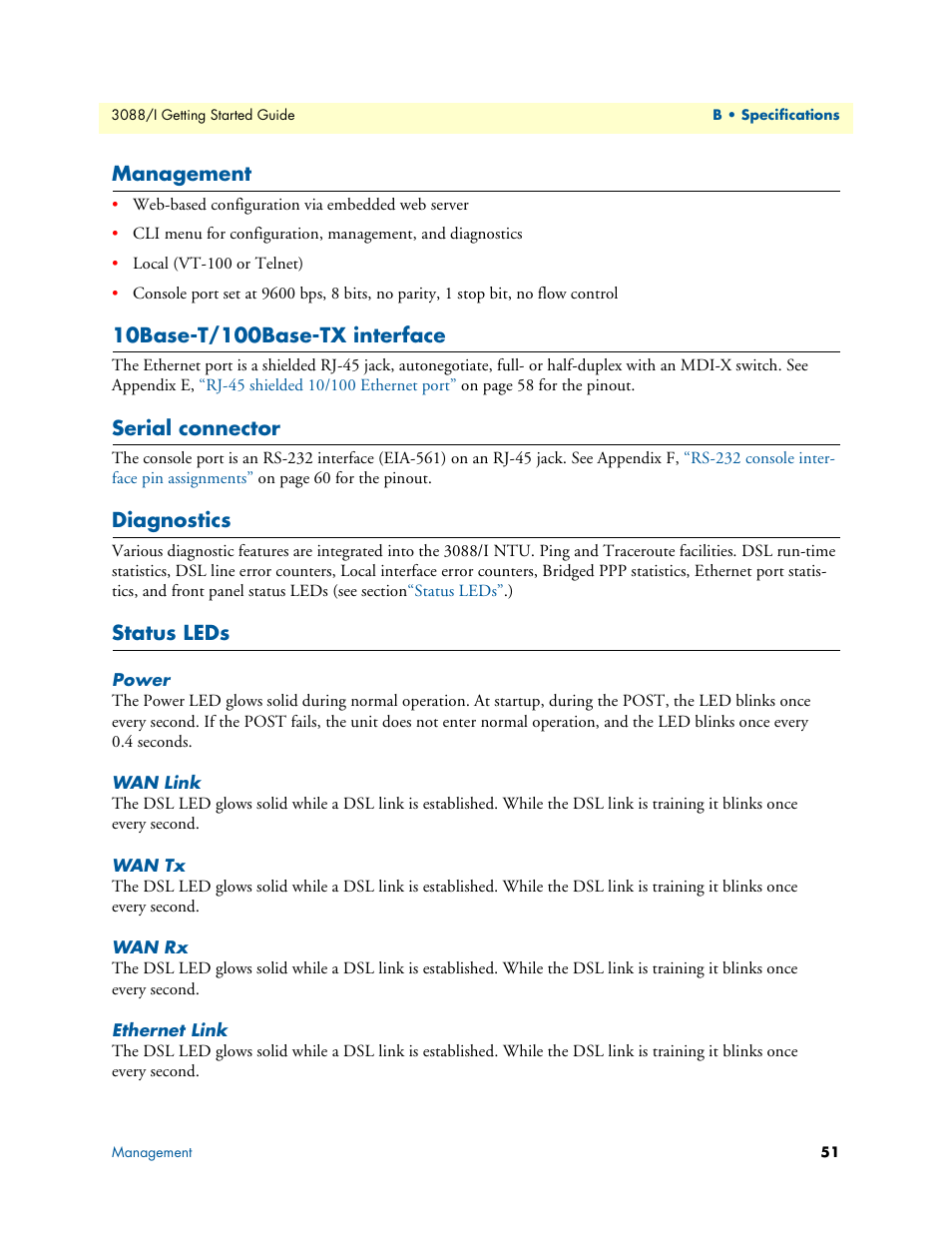 Management, 10base-t/100base-tx interface, Serial connector | Diagnostics, Status leds, Power, Wan link, Wan tx, Wan rx, Ethernet link | Patton electronic Model 3088/I User Manual | Page 51 / 61