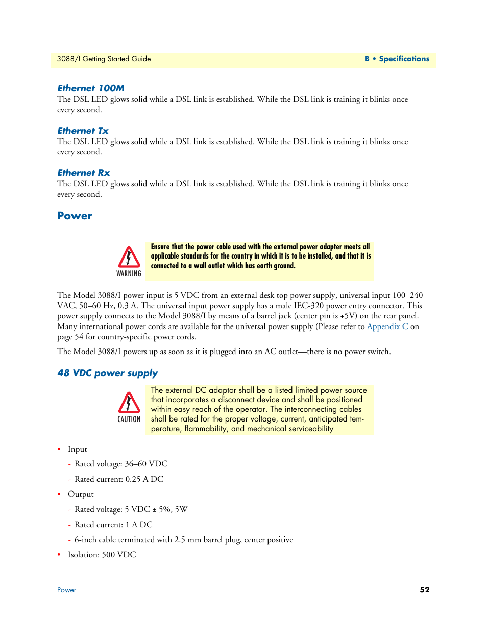Ethernet 100m, Ethernet tx, Ethernet rx | Power, 48 vdc power supply | Patton electronic Model 3088/I User Manual | Page 52 / 61