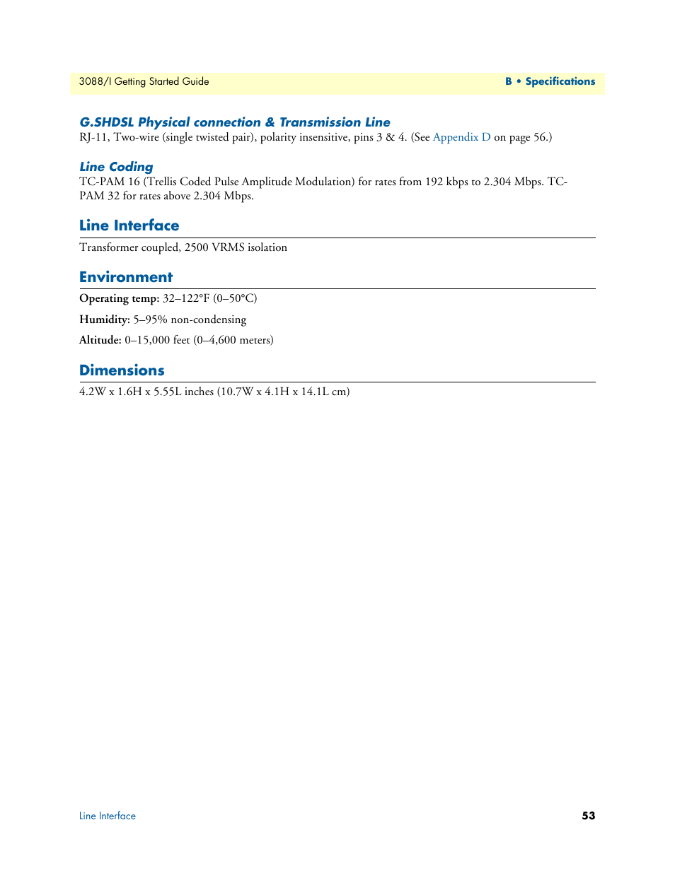 G.shdsl physical connection & transmission line, Line coding, Line interface | Environment, Dimensions | Patton electronic Model 3088/I User Manual | Page 53 / 61