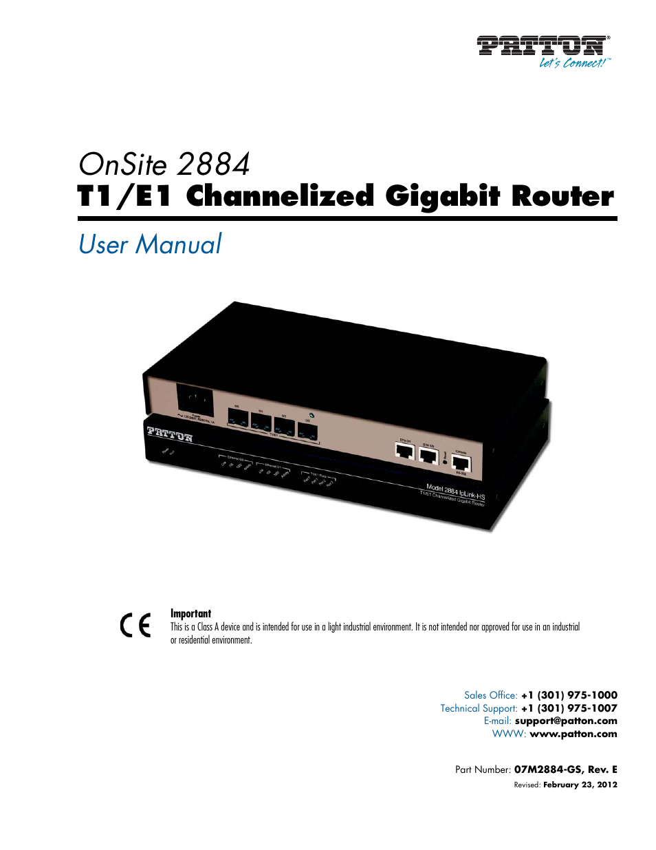 Patton electronic T1/E1 CHANNELIZED GIGABIT ROUTER 2884 User Manual | 51 pages