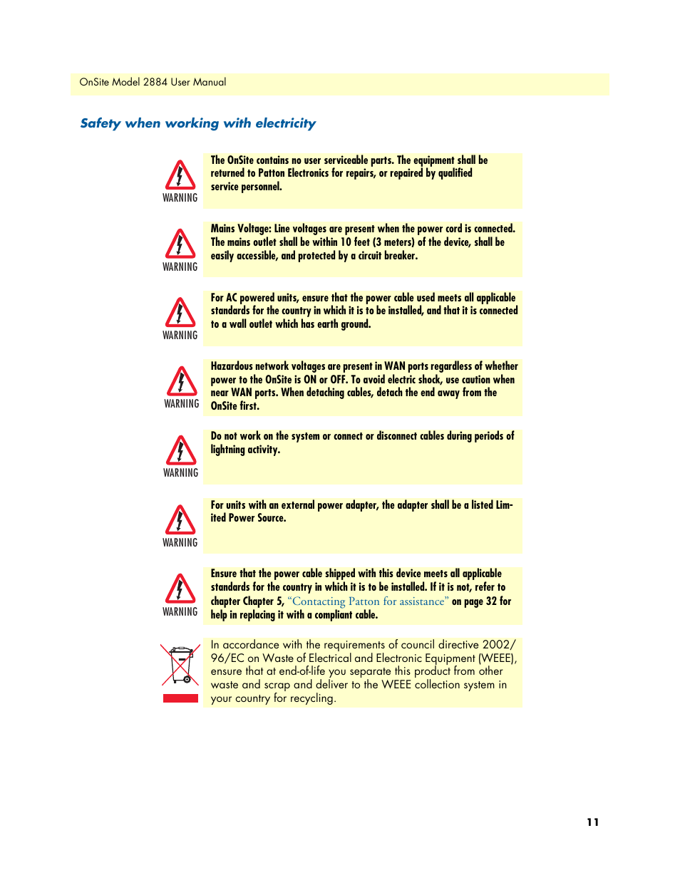 Safety when working with electricity | Patton electronic T1/E1 CHANNELIZED GIGABIT ROUTER 2884 User Manual | Page 11 / 51