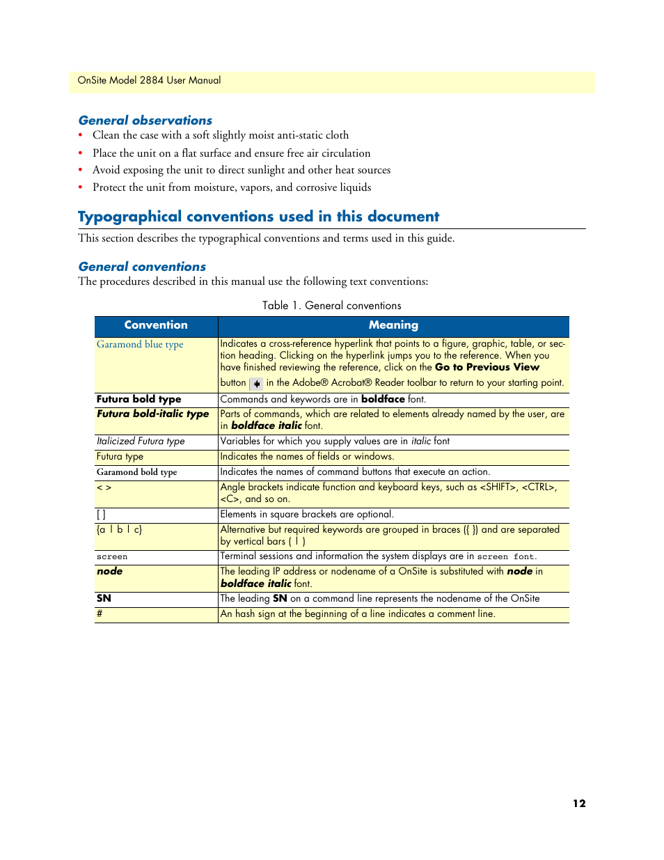 General observations, Typographical conventions used in this document, General conventions | Patton electronic T1/E1 CHANNELIZED GIGABIT ROUTER 2884 User Manual | Page 12 / 51