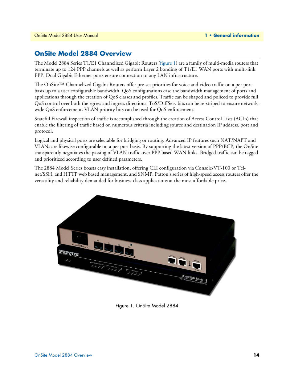 Onsite model 2884 overview, Onsite model 2884, Iplink model 2884 overview | Patton electronic T1/E1 CHANNELIZED GIGABIT ROUTER 2884 User Manual | Page 14 / 51