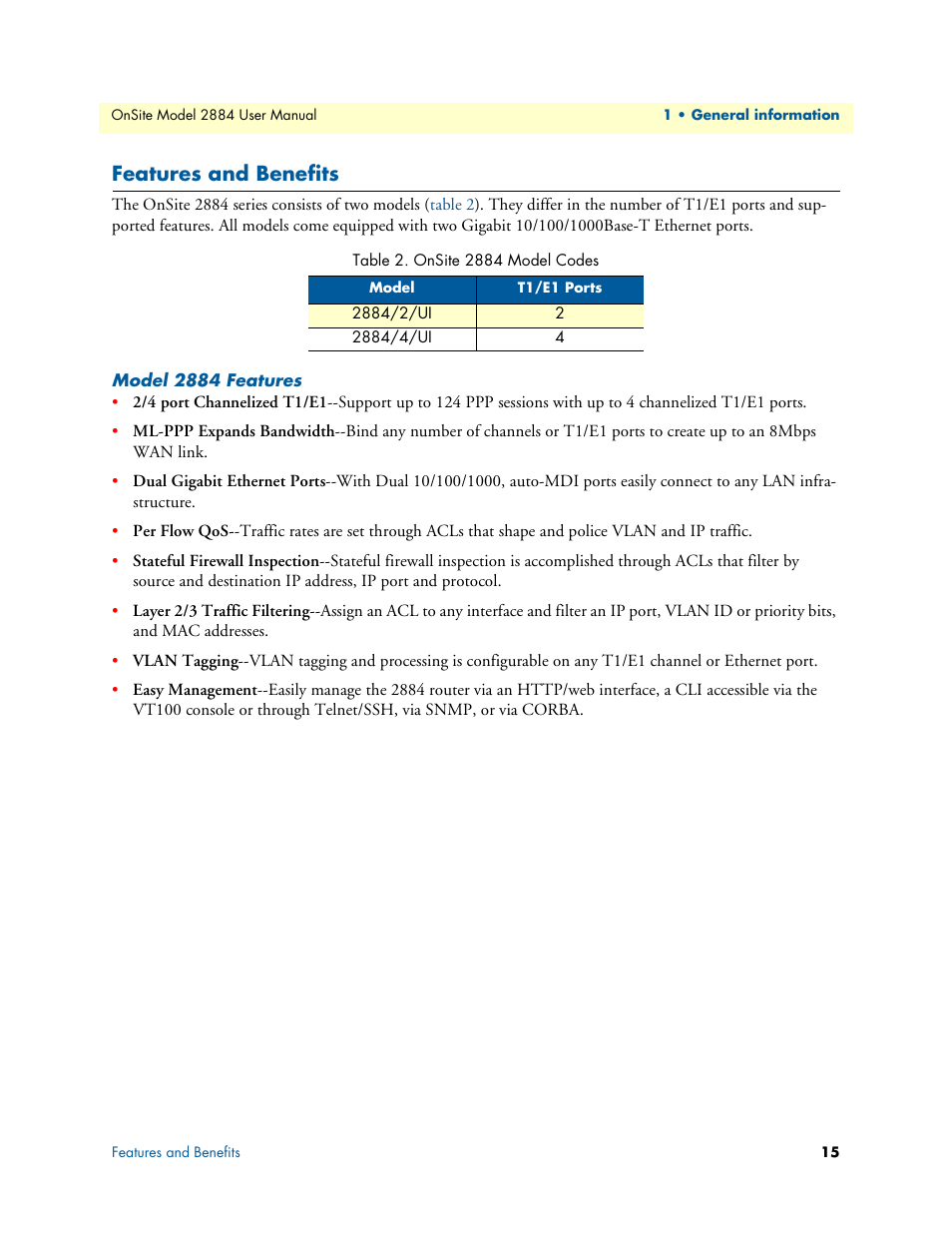 Features and benefits, Model 2884 features, Onsite 2884 model codes | Patton electronic T1/E1 CHANNELIZED GIGABIT ROUTER 2884 User Manual | Page 15 / 51