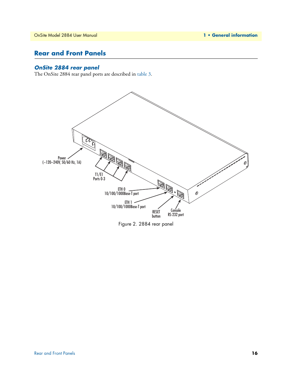 Rear and front panels, Onsite 2884 rear panel, 2884 rear panel | Iplink 2884 rear panel | Patton electronic T1/E1 CHANNELIZED GIGABIT ROUTER 2884 User Manual | Page 16 / 51